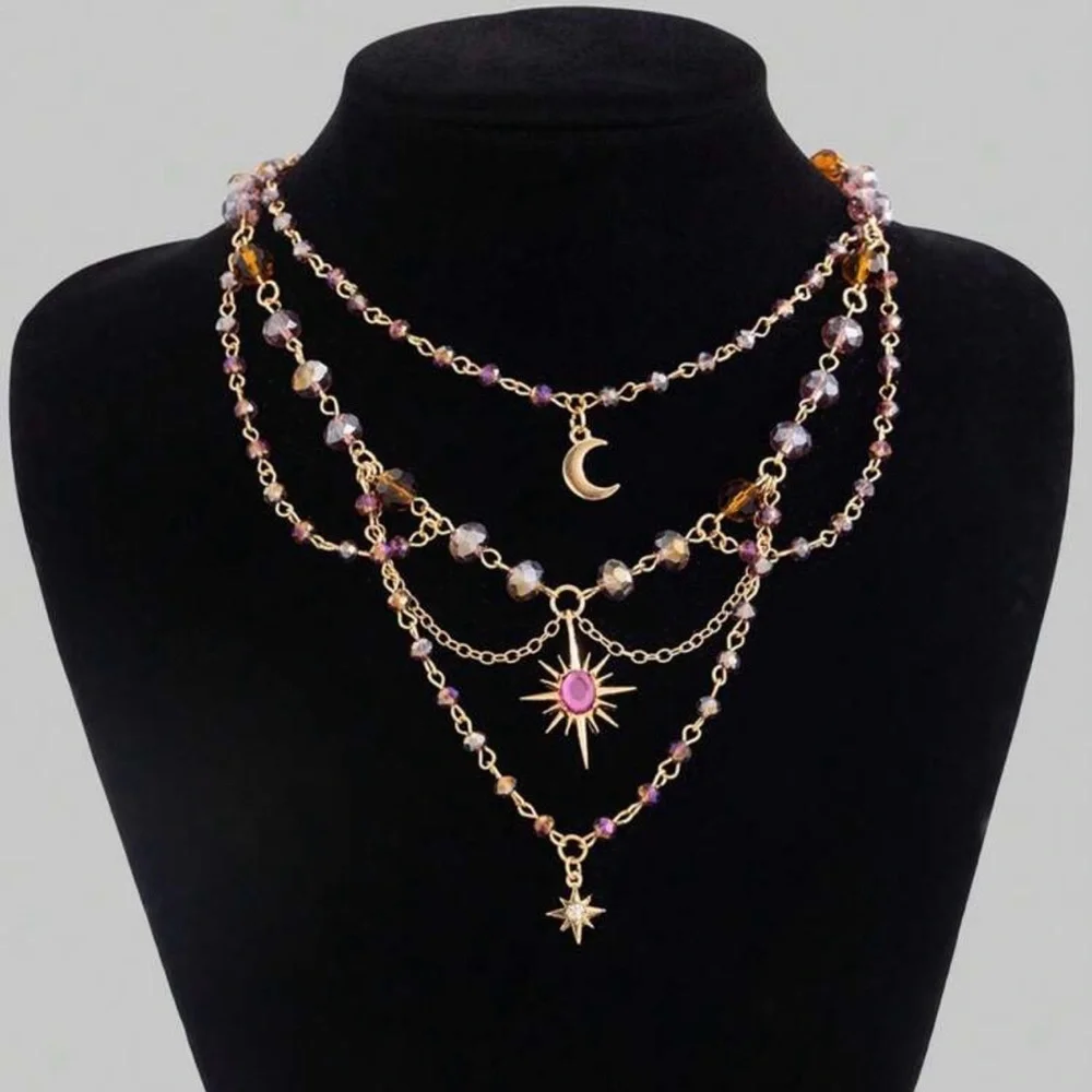 Celestial Layered Choker Necklace Star Moon Pink Purple Gold Tone Vtg Style NEW